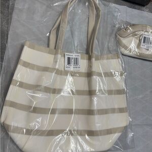 Louis Vuitton Cream & Beige Striped Canvas Tote with Pouch